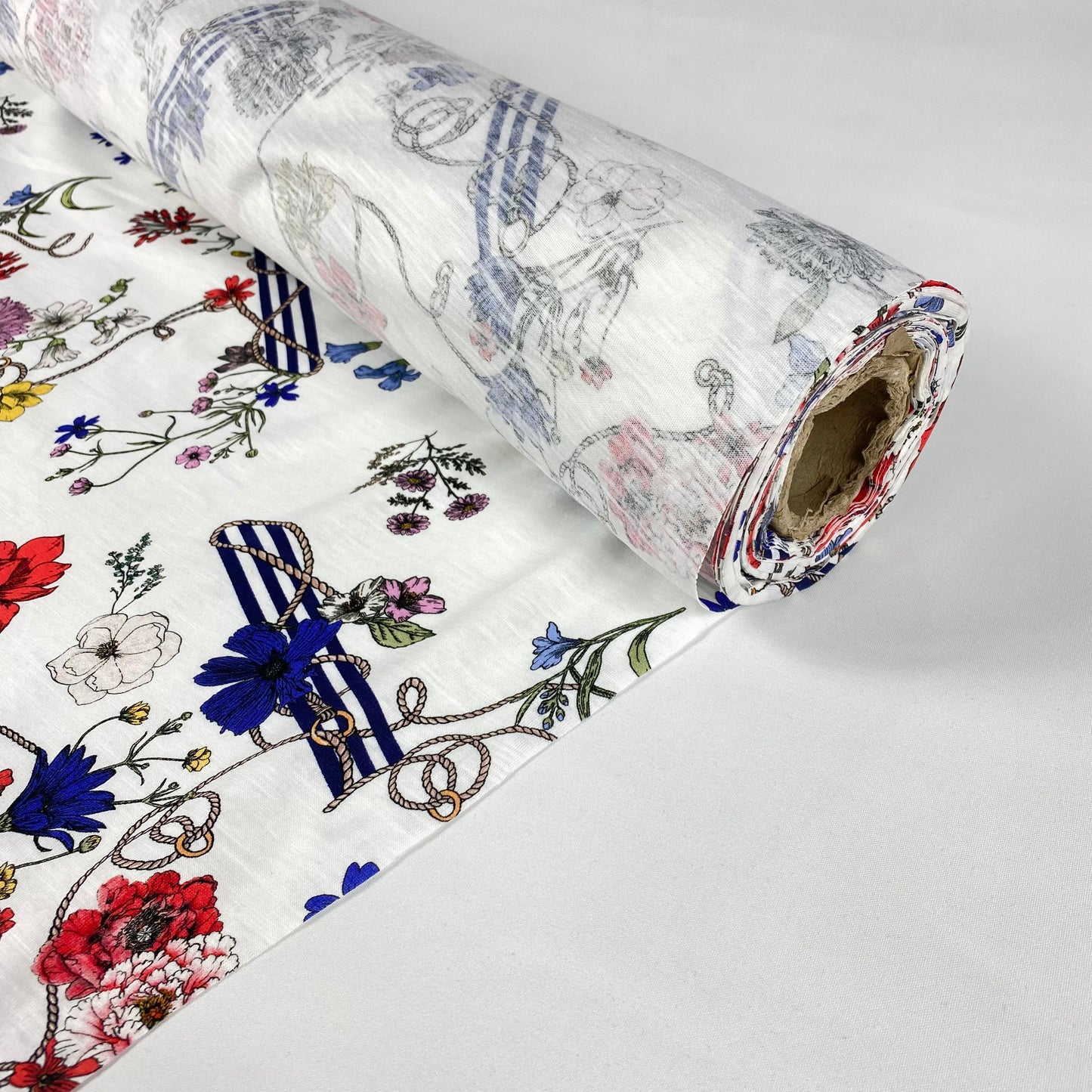 White viscose jersey with colorful flowers