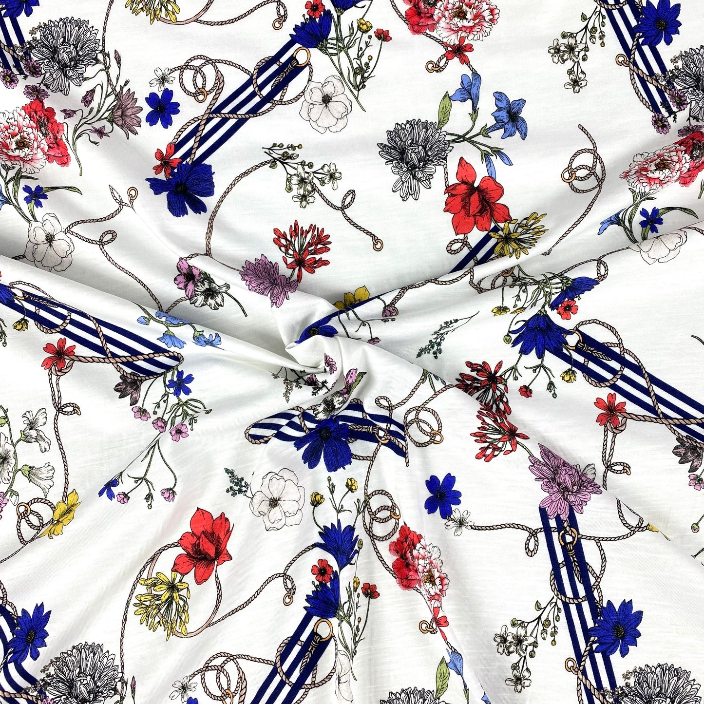 White viscose jersey with colorful flowers