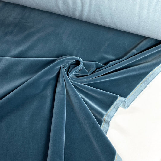 Terciopelo 100% algodón, azul y gris.
