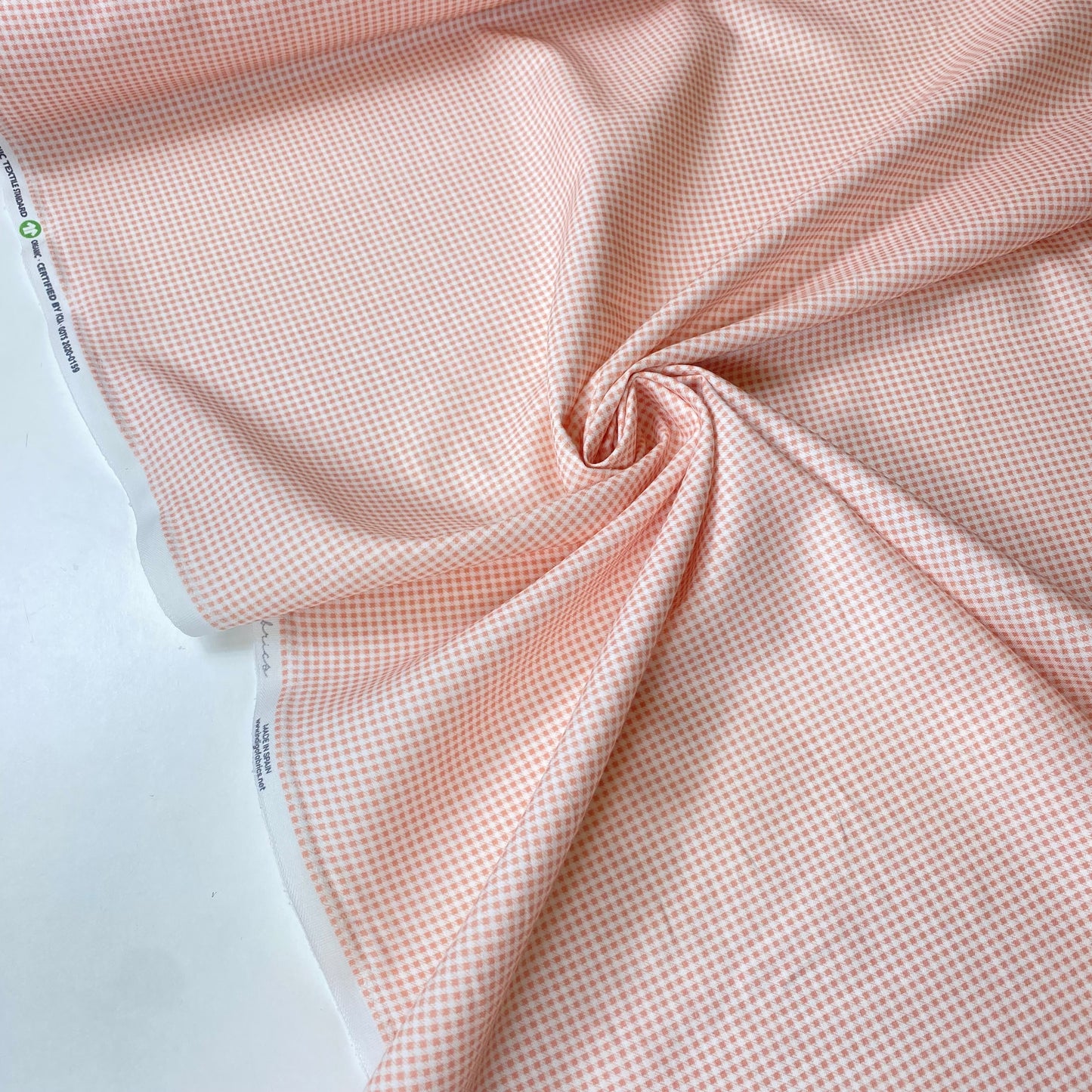 Cambray 100% Algodón Vichy Pequeño Blanco y Naranja