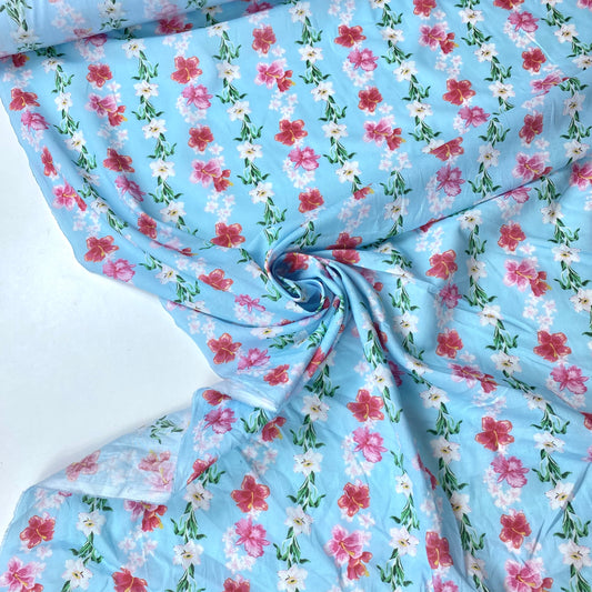 Popeline 100% Algodão Azul Claro Com Flores Vermelhas e Rosa