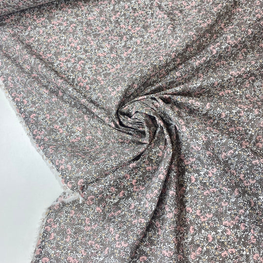 Popeline 100% Viscose Com Flores Rosa e Cinzenta