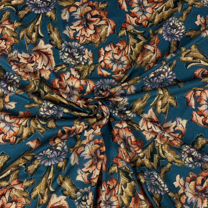 Denim colored viscose jersey with caramel flowers